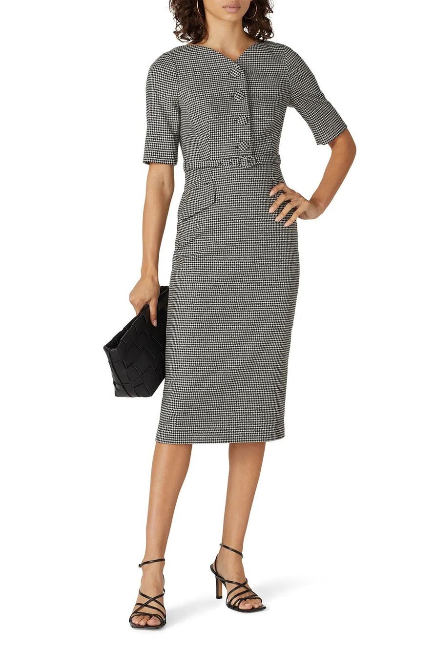 L.K. Bennett Sz 12 Nina Black White Houndstooth Heart Sheath Knee Length Dress